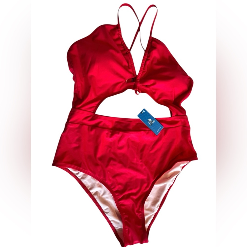 NEW Cupshe Red Halter One-Piece Swimsuit with Center Cutout Size L - Picture 3 of 11